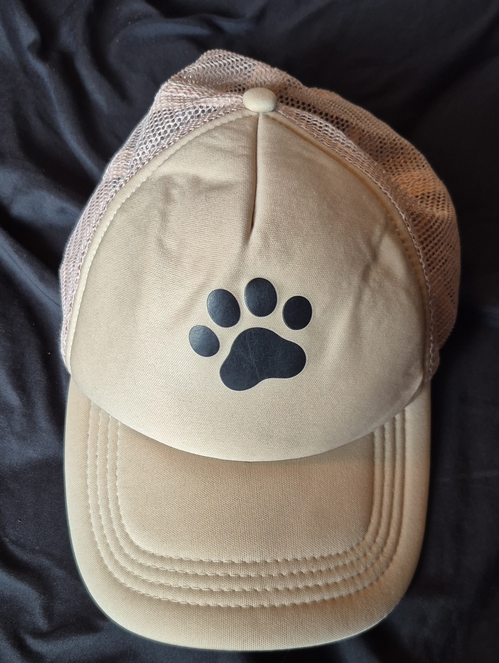 Tan Mesh Trucker Hat with Black Paw Print